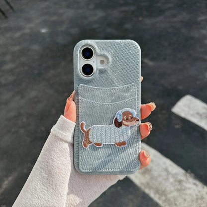 【デニムドッグシリーズ】刺繍ポケット スマホケース｜デニム生地×立体わんこデザイン｜iPhone対応 #241208