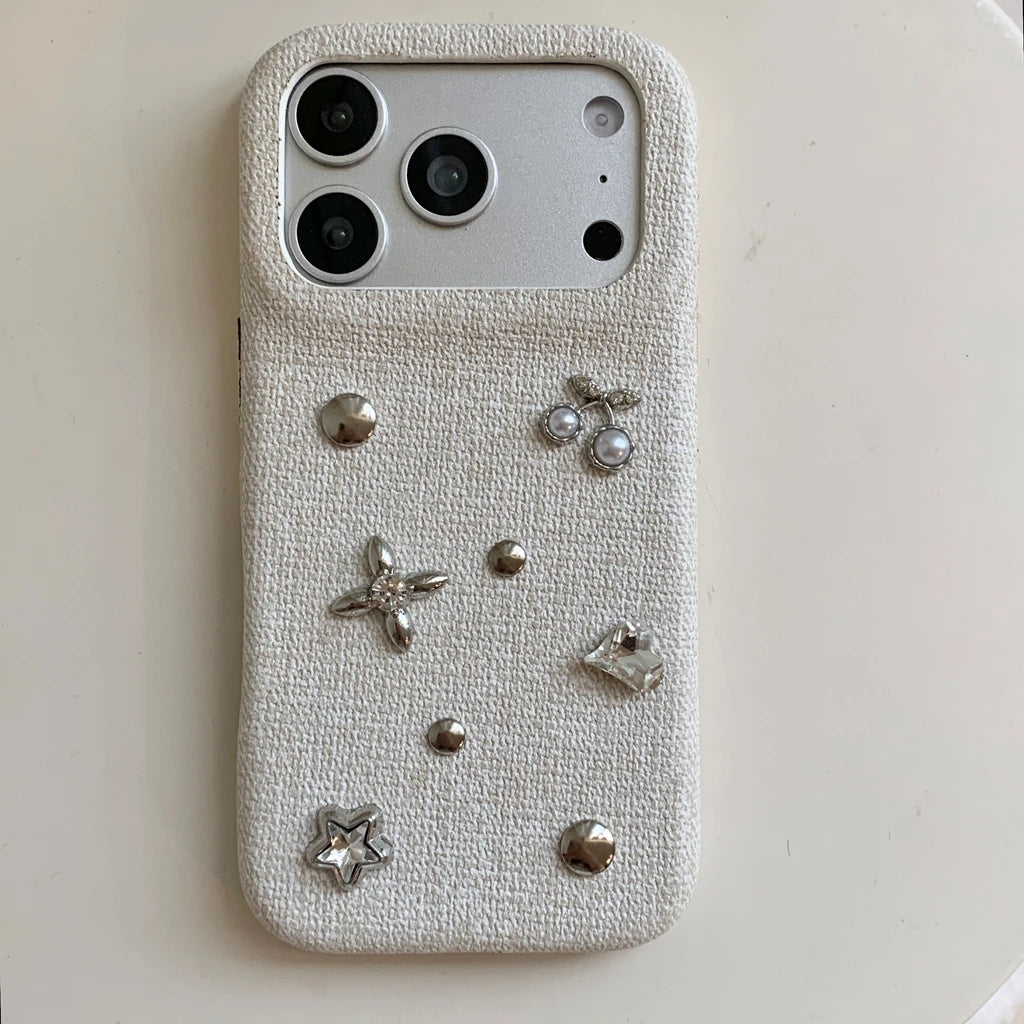 フラワー チェリーモチーフ iPhoneケース｜ビジュー装飾・布調デザイン #240530