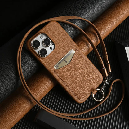 【本革シリーズ】ストラップ付き カードポケットレザースマホケース｜iPhone対応 #241014