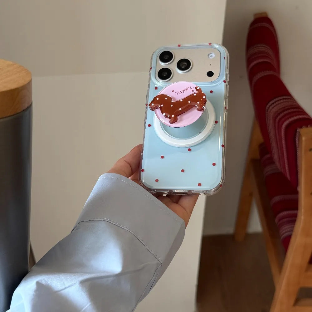 ダックスフンド スタンド付き 淡色ドット Magnet内蔵 iPhoneケース｜レトロかわいい #261257　