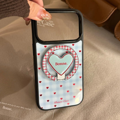 【マグネット式折りたたみハートスタンド付き】ブルーギンガムチェック柄 ハートリング付きスマホケース｜iPhone対応 #240703