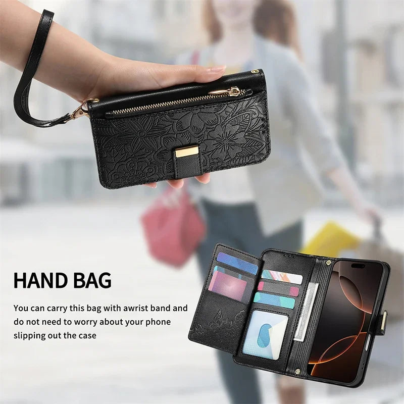 【ブックスタイル】フラワー型押し レザー調  手帳型 iPhoneケース｜財布一体型・ショルダー対応 #240123