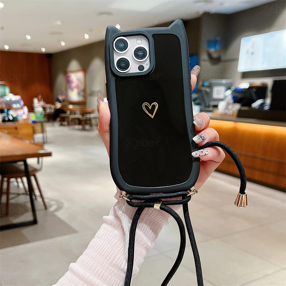 【猫耳シリーズ】ハートワンポイント ショルダー iPhoneケース｜ソフトTPU #240213