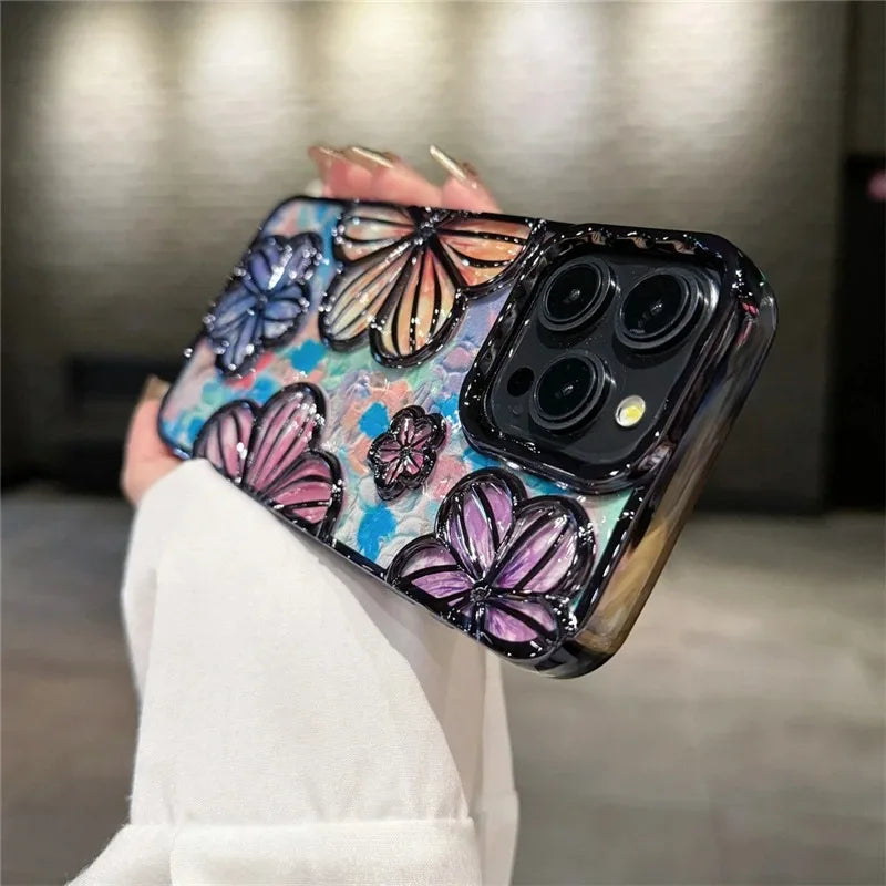 【クリスタルフラワー】立体エンボス フラワーデザイン スマホケース｜iPhone対応
