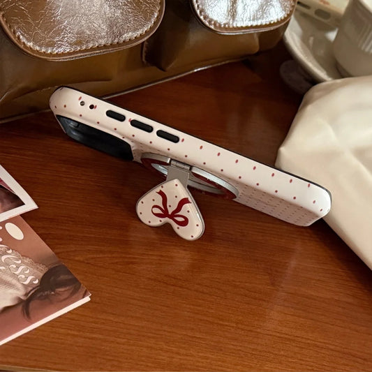 【マグネット式折りたたみハートスタンド付き】レッド プチドット柄 リボンハート スマホケース｜iPhone対応 #240701