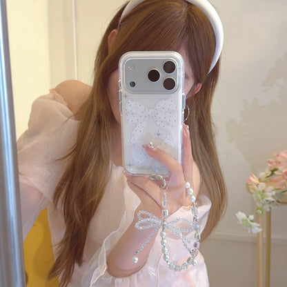 ビジュー ラメリボン ビーズストラップ付き クリア iPhoneケース #260602