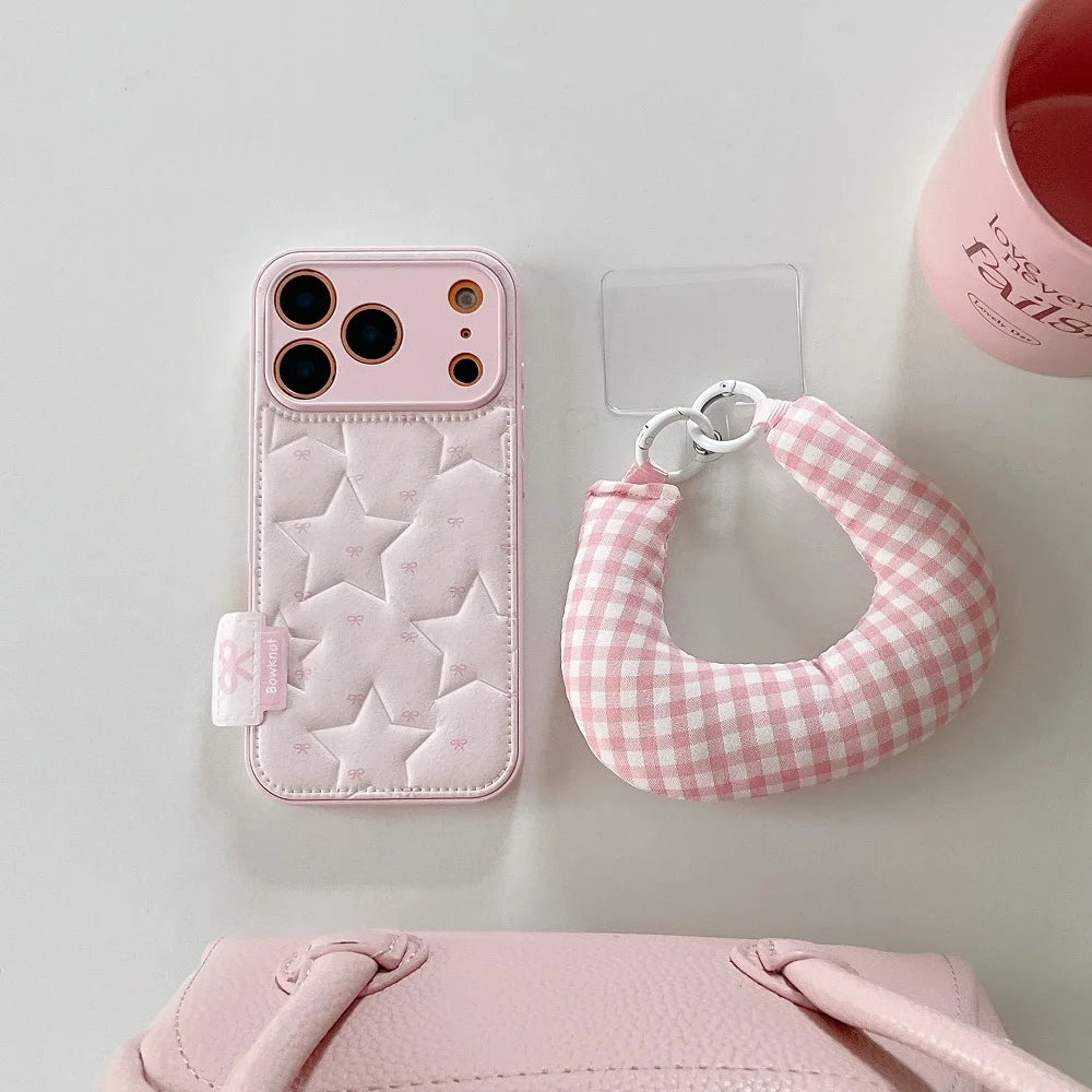 【もこもこスターキルティング】 ふわふわ チェッククッション ハンドル ストラップケース｜iPhone対応 #240913
