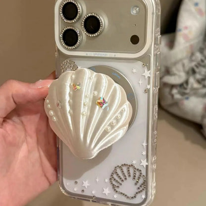 シェルモチーフ パール 貝殻グリップ iPhoneケース｜韓国ガーリー・キラキラ・マーメイドデザイン #230903