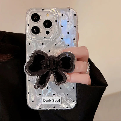 【ダークドット×立体リボンモチーフ】シルバー ホログラム iPhoneケース｜iPhone対応 #250528