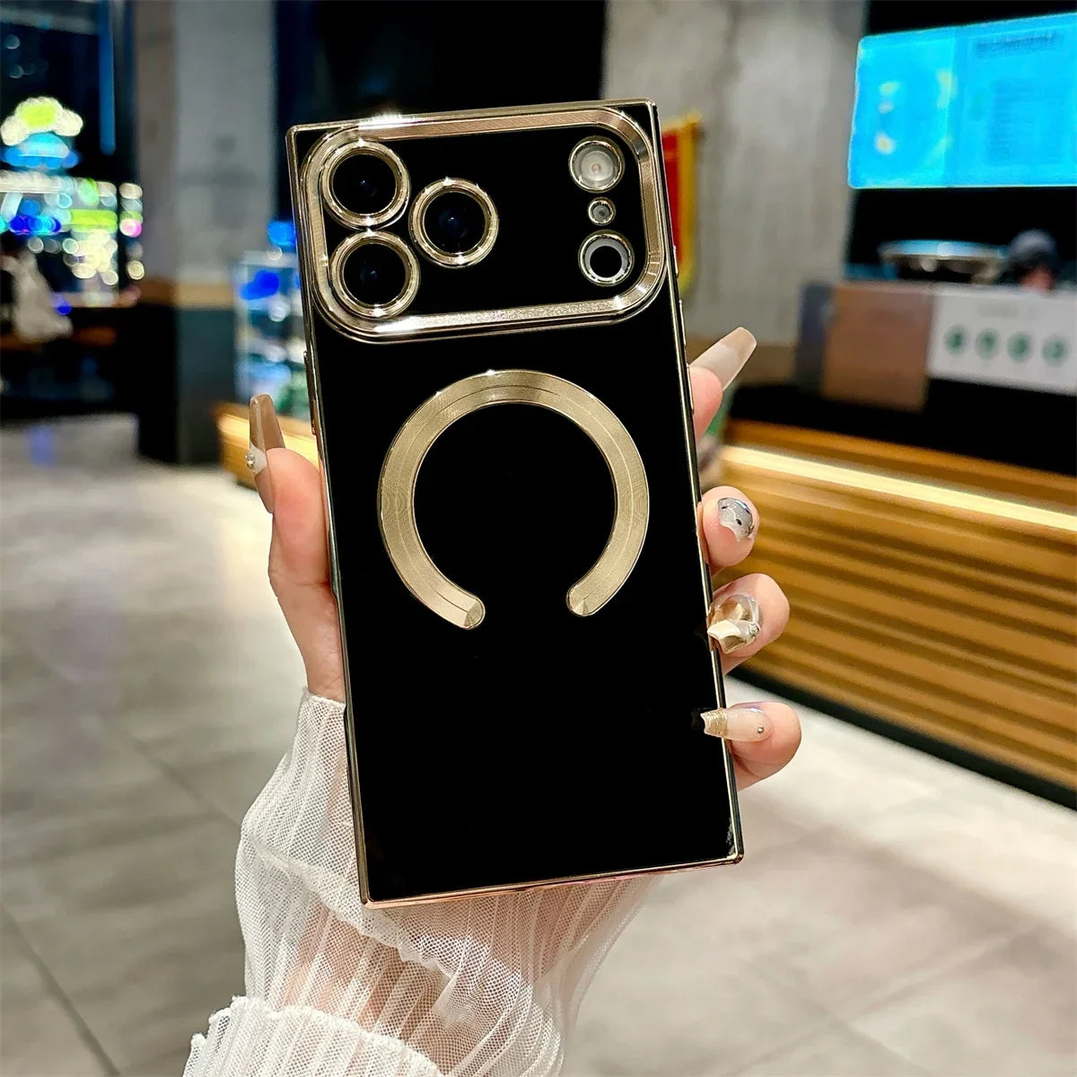 【スクエアシリーズ】Magsafe対応 メタリック縁取り スマホケース 高級感 薄型 背面保護 スマホケース カバー | iPhone対応 #250412