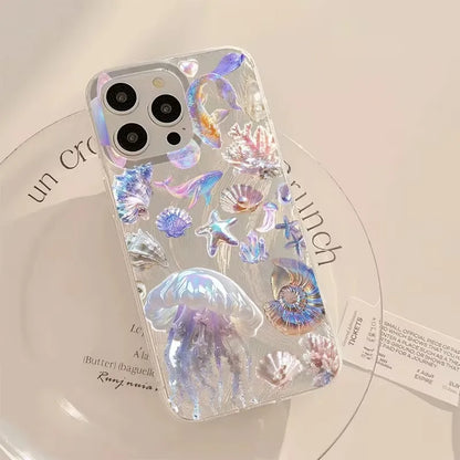 幻想的 オーロラカラー クラゲ 貝殻 ヒトデ ウミガメ 海の生き物  iPhoneケース｜マリン #260086