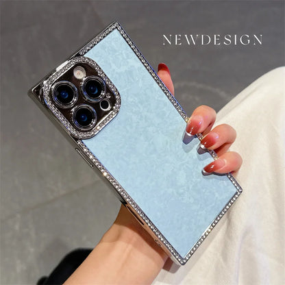 【スクエアシリーズ】大理石風 シェルパール キラキラビジュー スマホケース｜iPhone対応 #250817