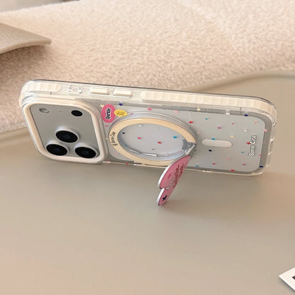 【マグネット式折りたたみハートスタンド付き】クリア カラフルスター ピンクハート スタンド スマホケース｜iPhone対応 #240630