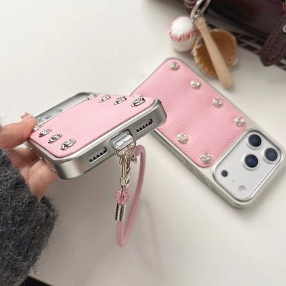 【ローズスタッズ】シルバーフレーム ピンク レザー風 ストラップ付き ケース｜iPhone対応 #240924