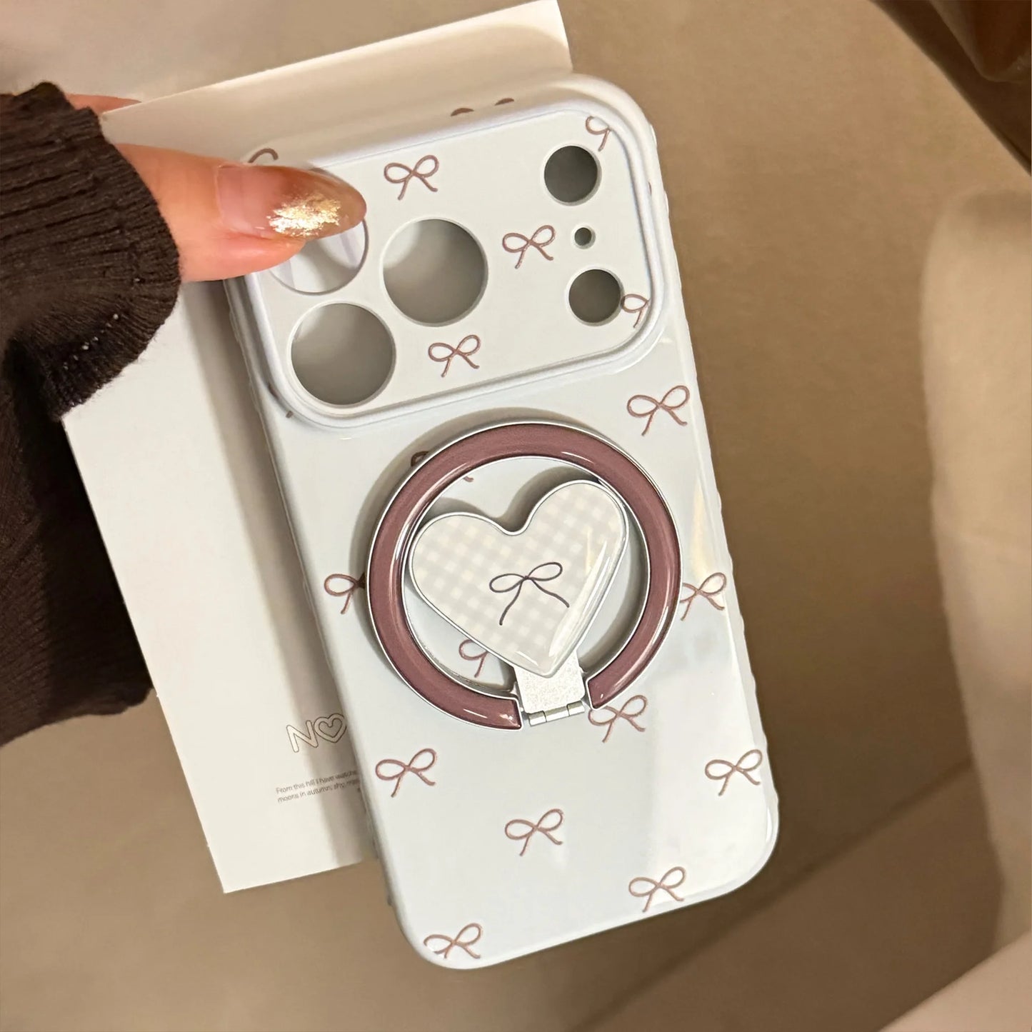 【マグネット式折りたたみハートスタンド付き】プチリボン柄 チェック ハートリング スマホケース｜iPhone対応 #240702