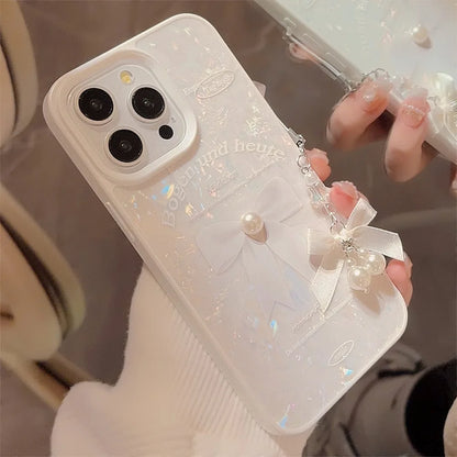 【パール×リボンチャーム】艶めく ホワイト シェル風ケース｜iPhone対応 #250525