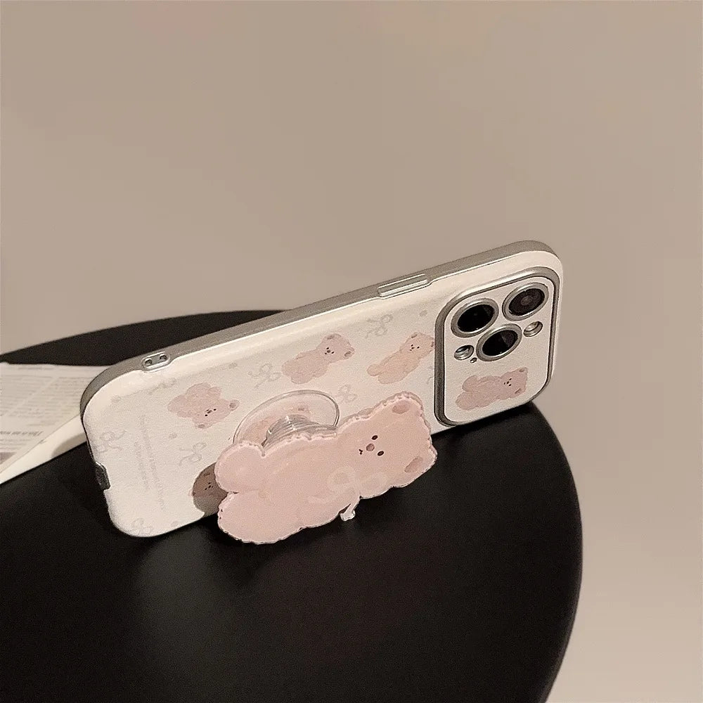 【モカベアスタンド】立体くま ポップソケット × リボンエンボス スマホケース｜iPhone対応 #241229