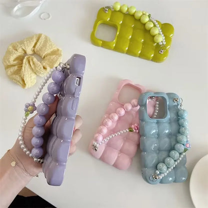 【ぽこぽこシリーズ】3D立体キューブデザイン ビーズストラップ付き スマホケース｜iPhone対応 #251027