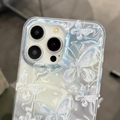 【ホログラムバタフライチャーム】3Dバタフライ×きらきらチャーム スマホケース｜iPhone対応 #250608