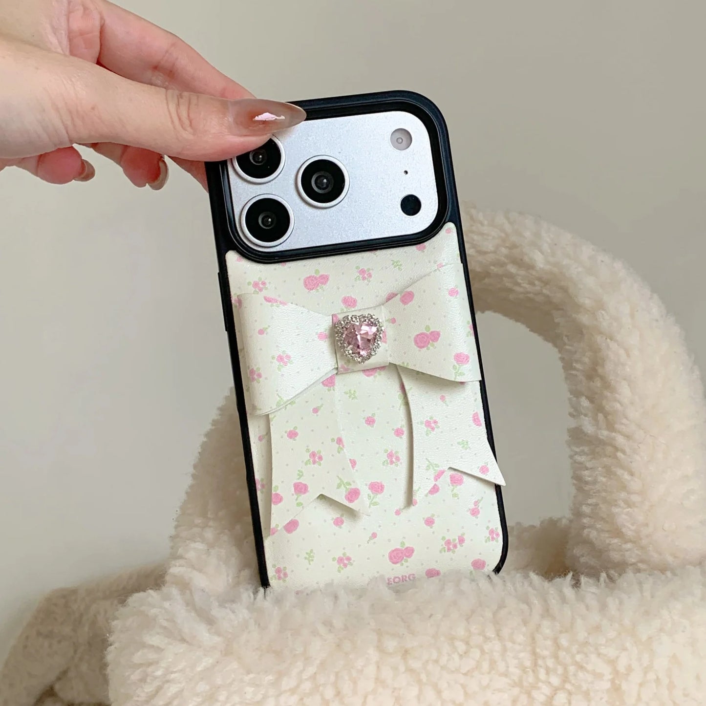 【立体リボン】ハートビジュー フラワー ソフトレザー調 小花柄 iPhoneケース #260208