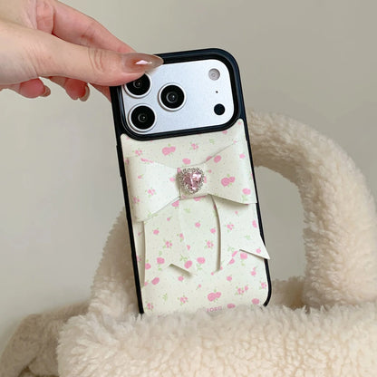 【立体リボン】ハートビジュー フラワー ソフトレザー調 小花柄 iPhoneケース #260208