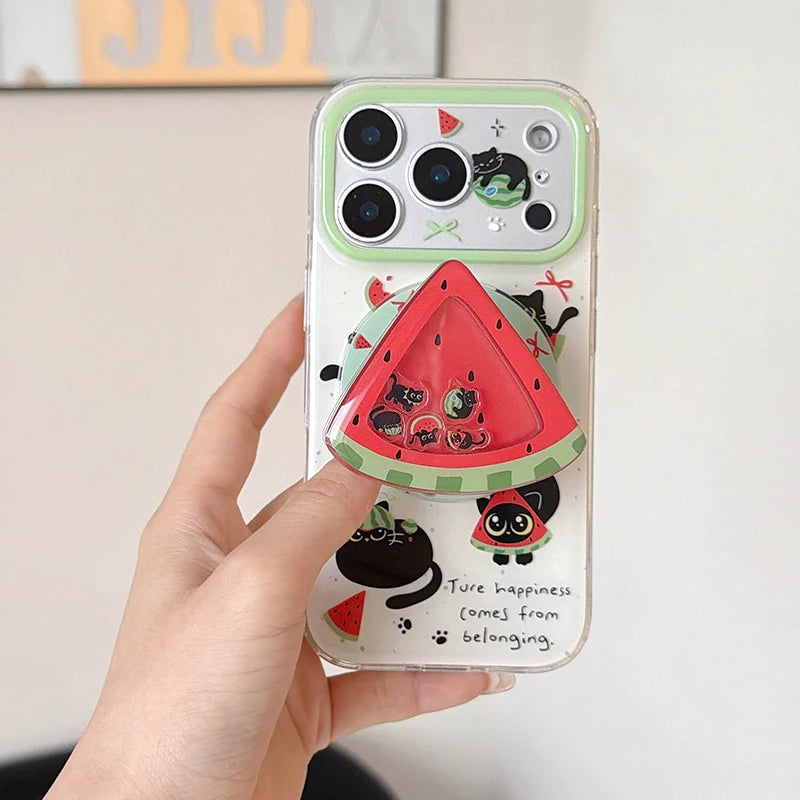 キュートな黒猫とスイカのデザイン iPhoneケース｜マグネットスタンド・ホルダー付 #260076