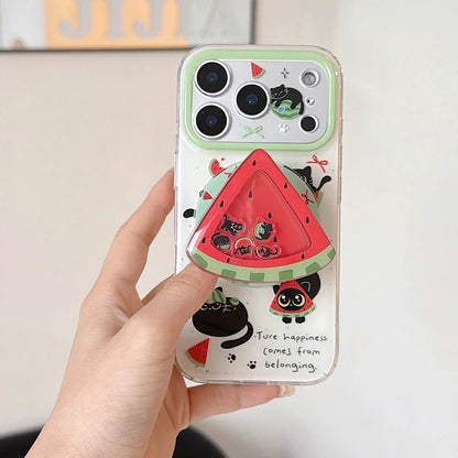 キュートな黒猫とスイカのデザイン iPhoneケース｜マグネットスタンド・ホルダー付 #260076