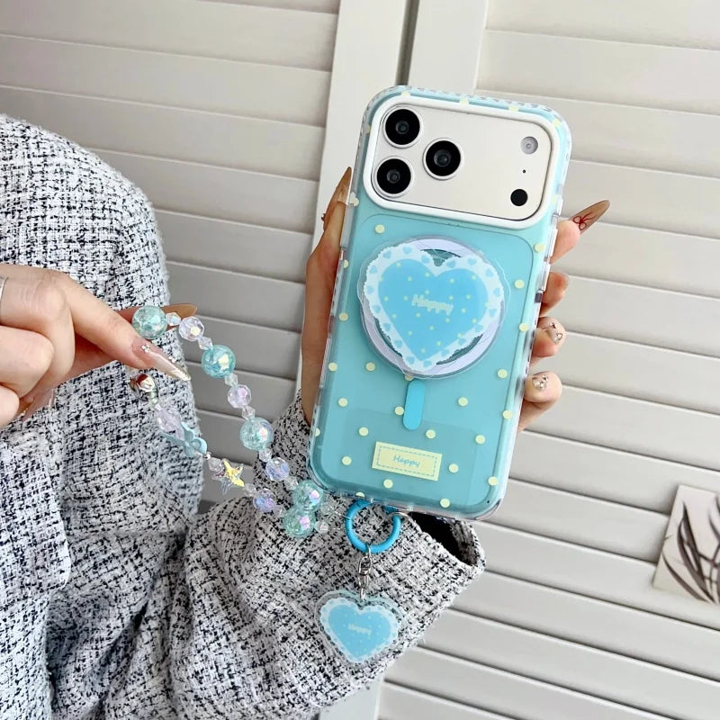 ハートグリップ ビーズストラップ付き ドット柄 韓国風 iPhoneケース #240509