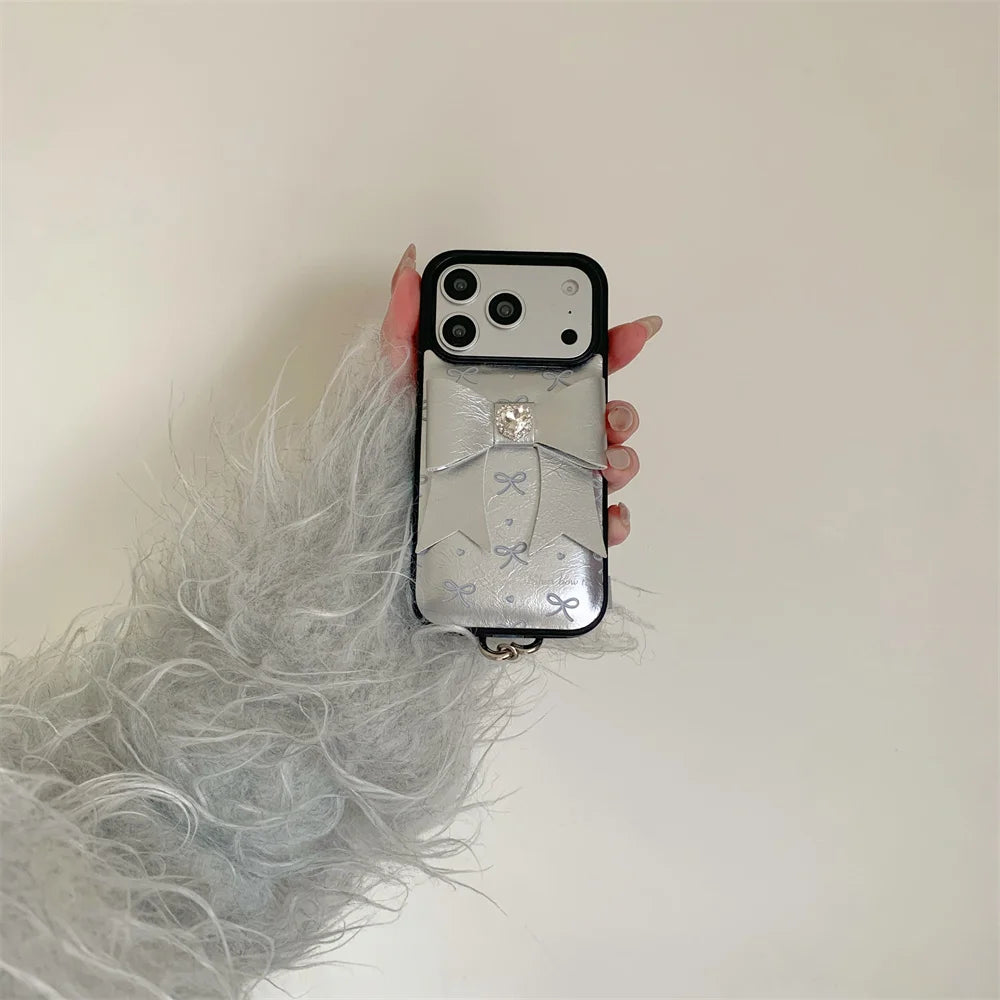 【シルバー立体リボン】ボールストラップ付き フェミニン スマホケース｜iPhone対応 #260206