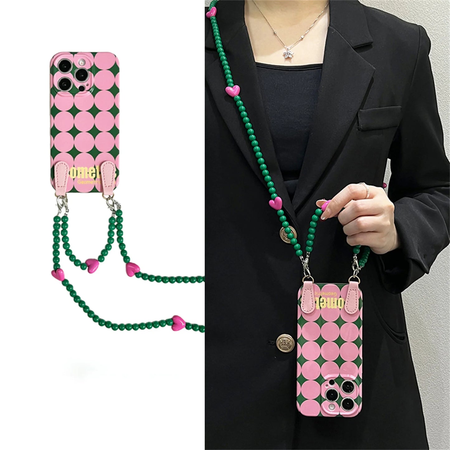 ドット ダイヤ柄 ピンク グリーン iPhoneケース｜ショルダーストラップ付き #240518