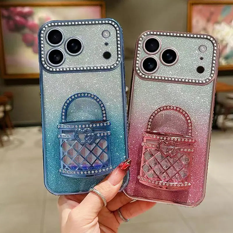 【バッググリッター】3Dバッグ モチーフ付き グラデーション ラメ スマホケース｜iPhone対応 #250301