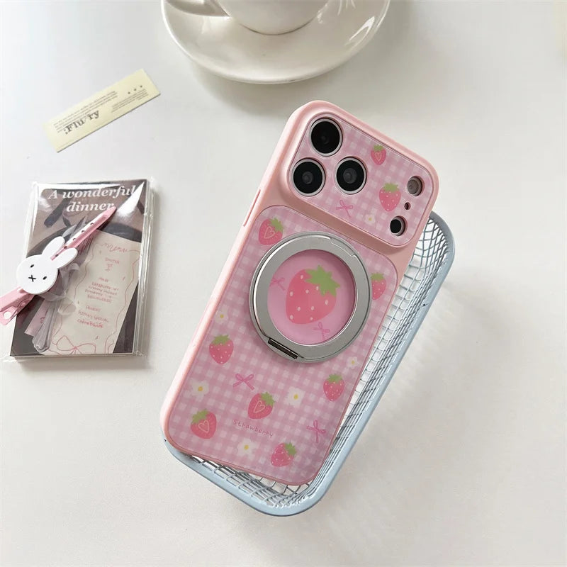 【フルーツ柄】ギンガムチェック iPhoneケース 回転リングスタンド付き ｜かわいい ポップ #260021