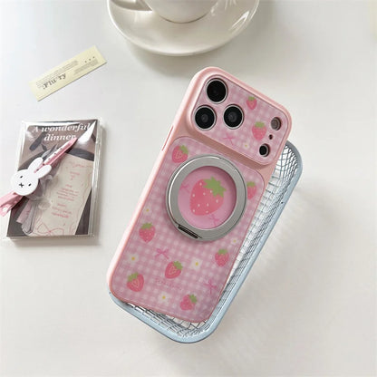 【フルーツ柄】ギンガムチェック iPhoneケース 回転リングスタンド付き ｜かわいい ポップ #260021
