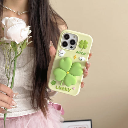 【3Dシリーズ】立体クローバー×LUCKYポップデザイン スマホケース｜iPhone対応 #250918