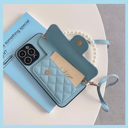【キルティングミニウォレット風】パール付きショルダーケース｜iPhone対応 #250714