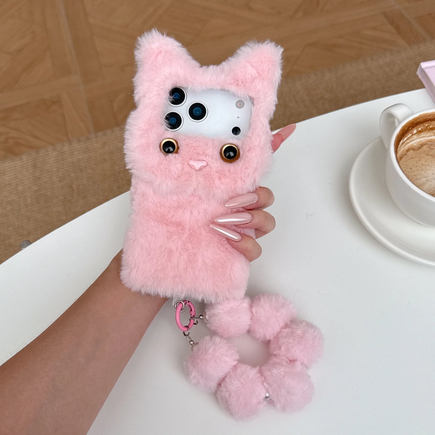 【キャットファーポンポン】ねこ耳 × ふわもこファー スマホケース｜iPhone対応 #250109