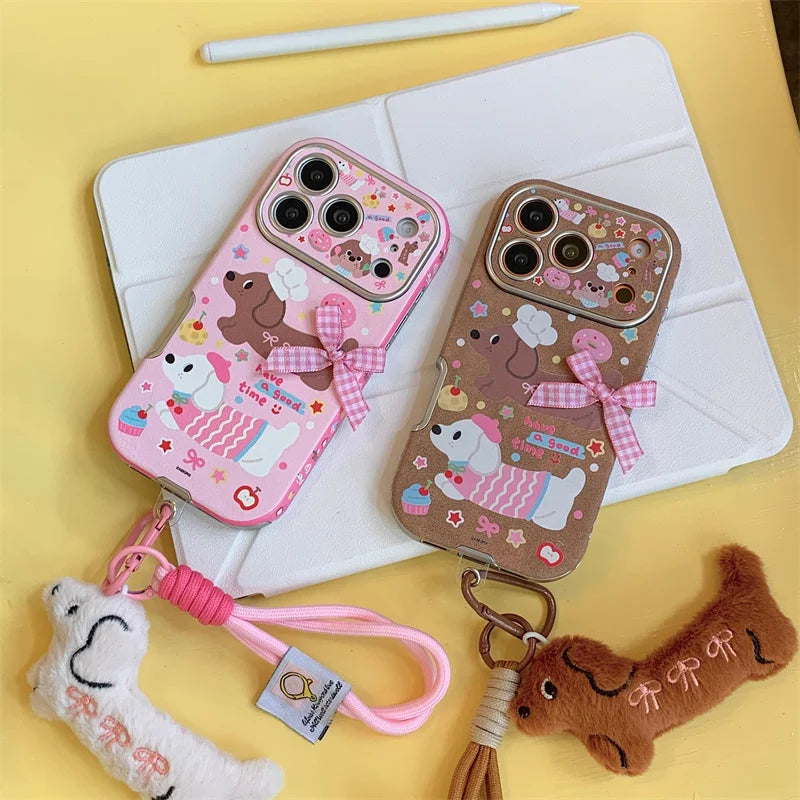 【スウィートダックス】チェックリボン×ドッグデザイン  ストラップ付き スマホケース｜iPhone対応 #241228