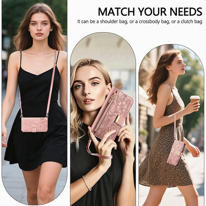 【ブックスタイル】フラワー型押し レザー調  手帳型 iPhoneケース｜財布一体型・ショルダー対応 #240123