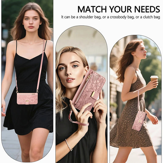 【ブックスタイル】フラワー型押し レザー調  手帳型 iPhoneケース｜財布一体型・ショルダー対応 #240123