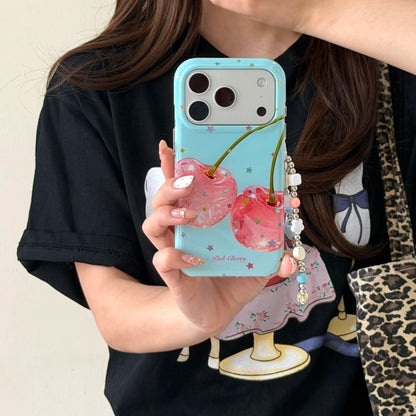 ピンクチェリー ミントブルー ビーズチャーム付き iPhoneケース｜レトロ・大人かわいい #260052