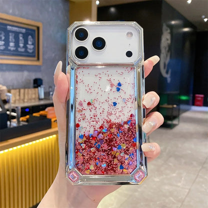 【流れるシリーズ】グリッタージュエル リキッド スパークル スマホケース｜キラキラハート入りデザイン｜iPhone対応 #241124