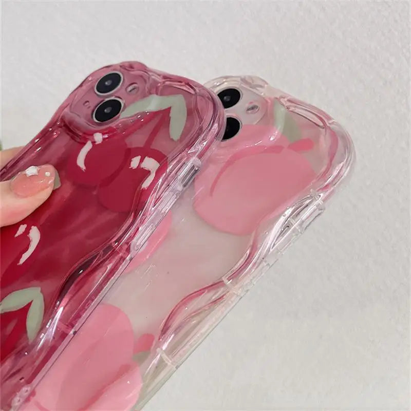 【フルーツシリーズ】立体ピーチ＆チェリー クリアキュート スマホケース｜iPhone対応 #250908