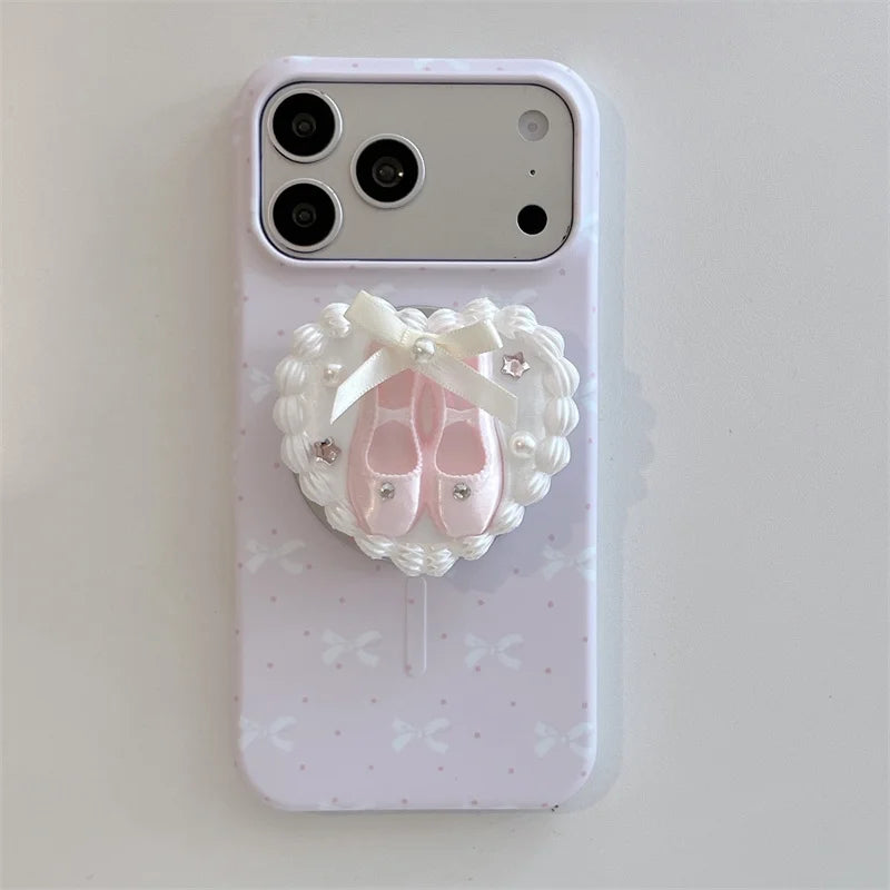 3Dバレエシューズ パールハートグリップ リボン柄 Magnet内蔵 iPhoneケース｜バレエ #260018