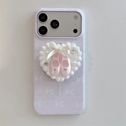3Dバレエシューズ パールハートグリップ リボン柄 Magnet内蔵 iPhoneケース｜バレエ #260018