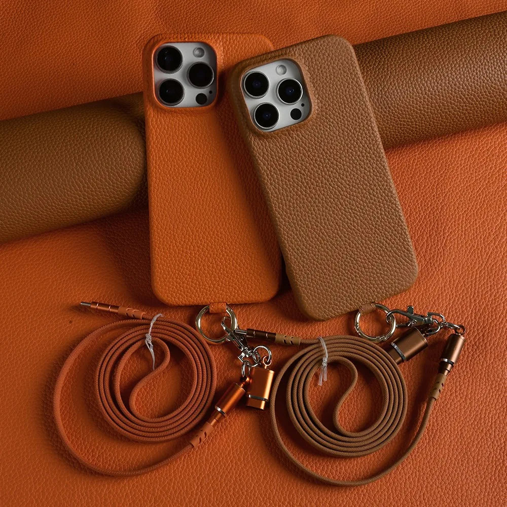 【本革シリーズ】名入れカスタム ロングストラップ付き レザー スマホケース｜ iPhoneケース #241011