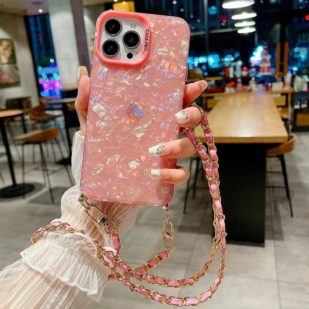 シェル風 オーロラデザイン ショルダー チェーンストラップ付き iPhoneケース #230726