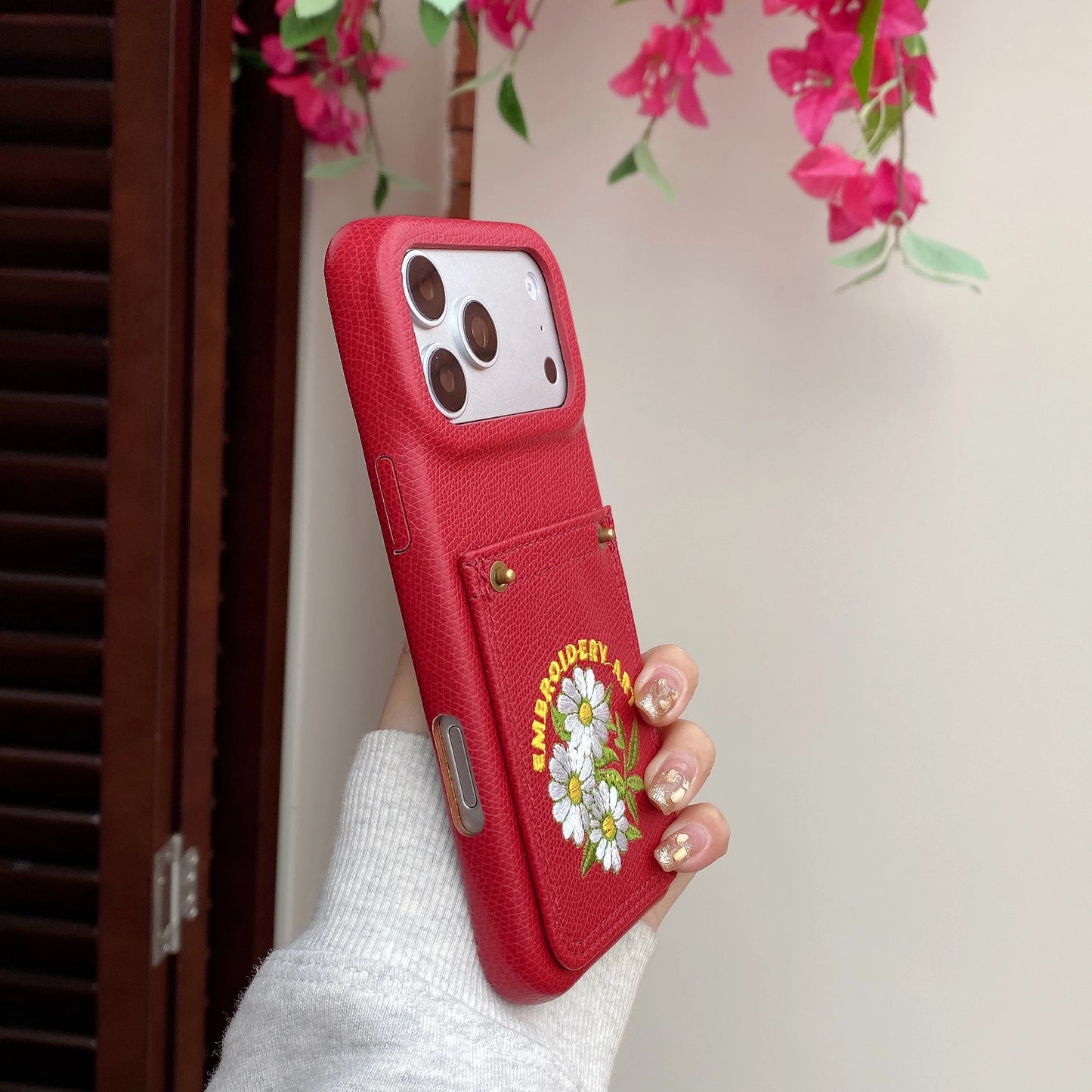 フラワー刺繍 ポケット付き レザー調 iPhoneケース #260613