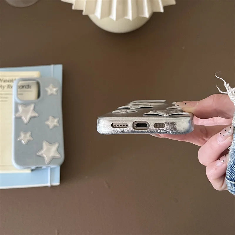【スターシルバー】メタリック 星柄 × デニムスマホケース｜iPhone対応 #250129