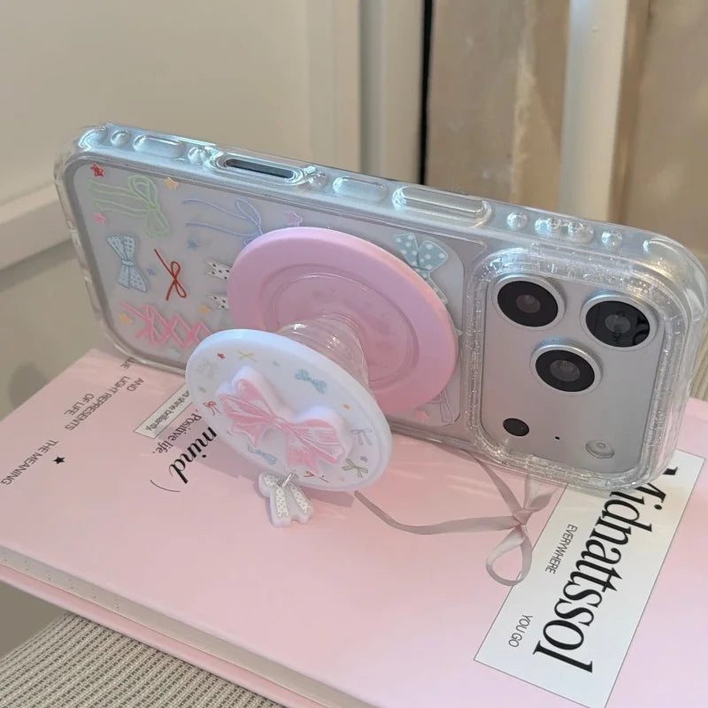 リボン総柄 クリアグリッター Magnetグリップ付き iPhoneケース #260213