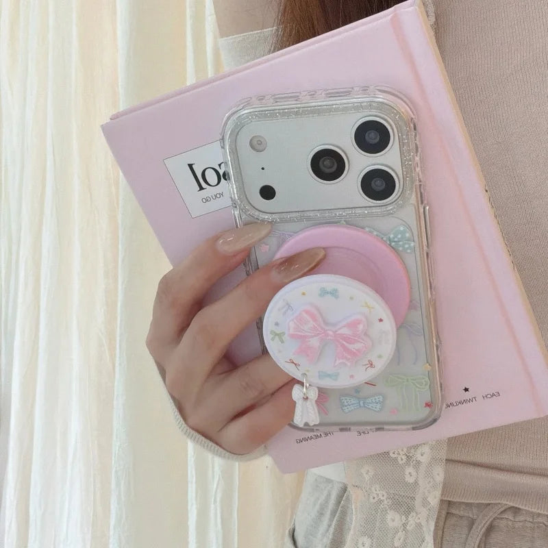 リボン総柄 クリアグリッター Magnetグリップ付き iPhoneケース #260213